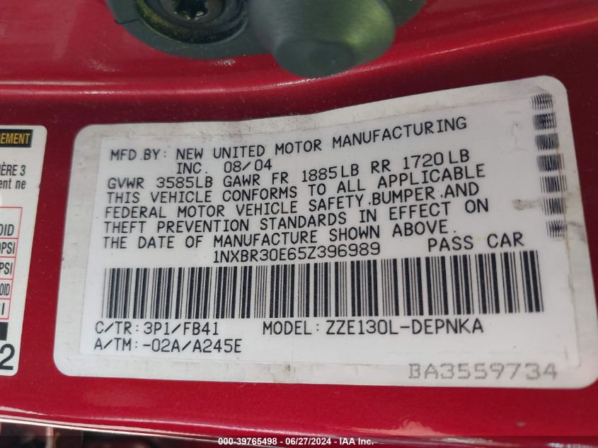 2005 Toyota Corolla Le VIN: 1NXBR30E65Z396989 Lot: 39765498