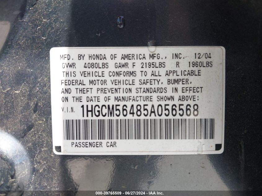 2005 Honda Accord 2.4 Lx VIN: 1HGCM56485A056568 Lot: 39765509