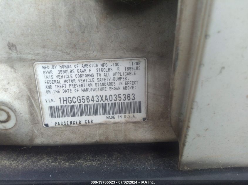 1999 Honda Accord Lx VIN: 1HGCG5643XA035363 Lot: 39765523