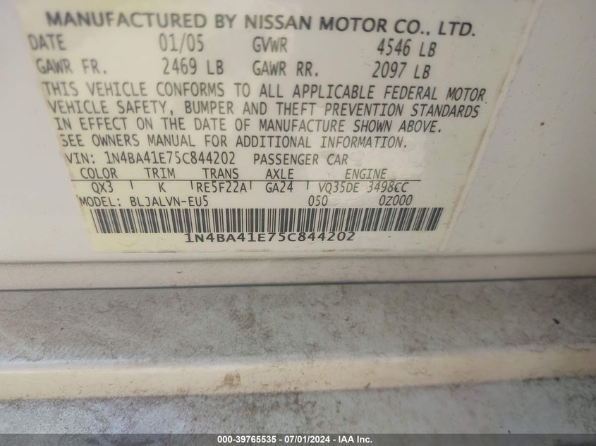 2005 Nissan Maxima 3.5 Sl VIN: 1N4BA41E75C844202 Lot: 39765535