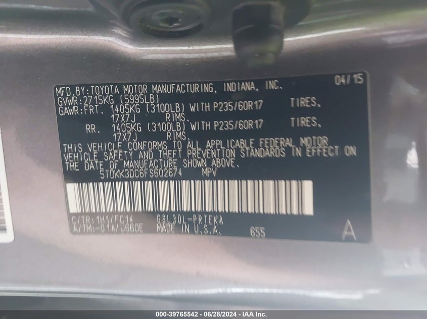 2015 Toyota Sienna Le 8 Passenger VIN: 5TDKK3DC6FS602674 Lot: 39765542