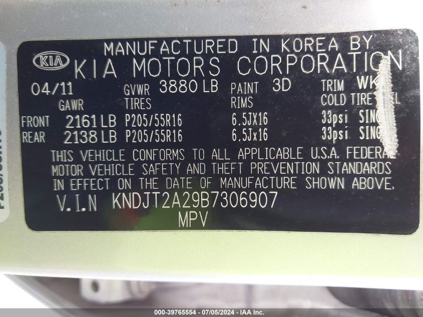 2011 Kia Soul + VIN: KNDJT2A29B7306907 Lot: 39765554