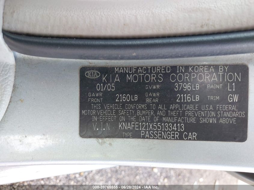 2005 Kia Spectra Lx/Ex VIN: KNAFE121X55133413 Lot: 39765555