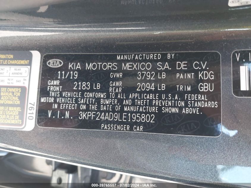 2020 Kia Forte Lxs VIN: 3KPF24AD9LE195802 Lot: 39765557