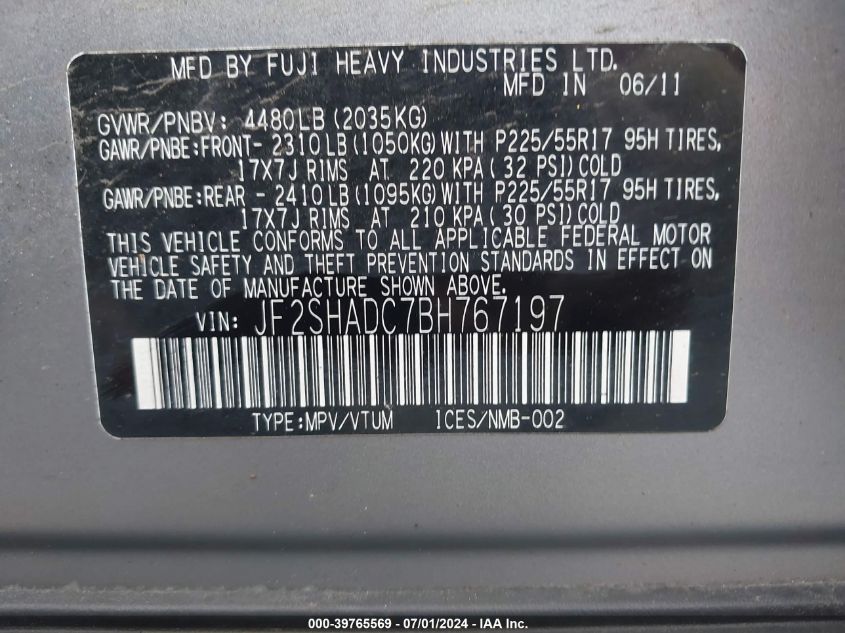 2011 Subaru Forester 2.5X Premium VIN: JF2SHADC7BH767197 Lot: 39765569