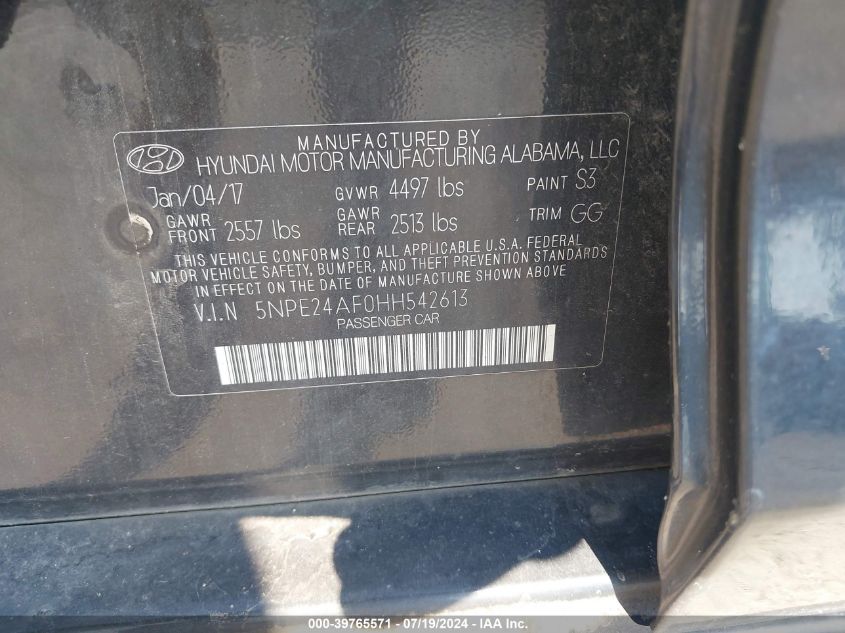 2017 Hyundai Sonata VIN: 5NPE24AF0HH542613 Lot: 39765571