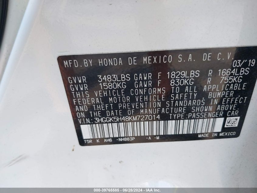 2019 Honda Fit Lx VIN: 3HGGK5H48KM727014 Lot: 39765585
