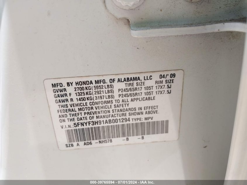 2010 Honda Pilot Touring VIN: 5FNYF3H91AB001294 Lot: 39765594