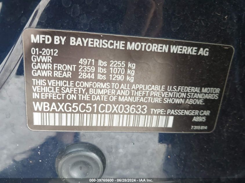 2012 BMW 528I I VIN: WBAXG5C51CDX03633 Lot: 39765600