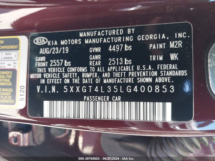 2020 Kia Optima Lx VIN: 5XXGT4L35LG400853 Lot: 39765603