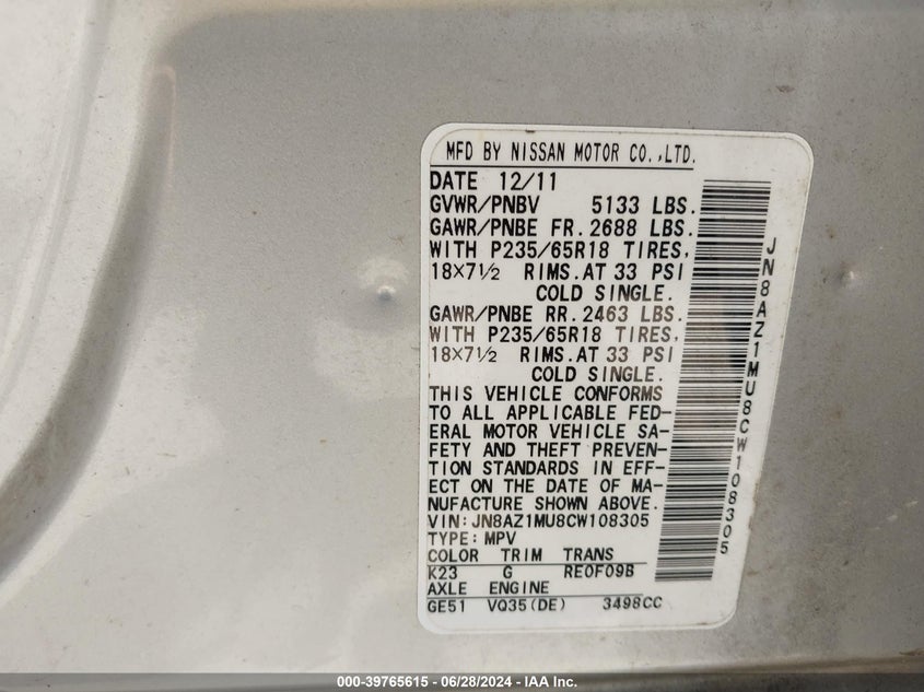 2012 Nissan Murano S/Sl/Le VIN: JN8AZ1MU8CW108305 Lot: 39765615