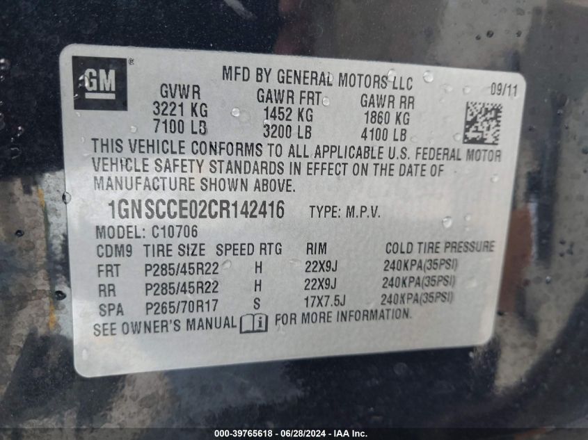 2012 Chevrolet Tahoe C1500 Ltz VIN: 1GNSCCE02CR142416 Lot: 39765618