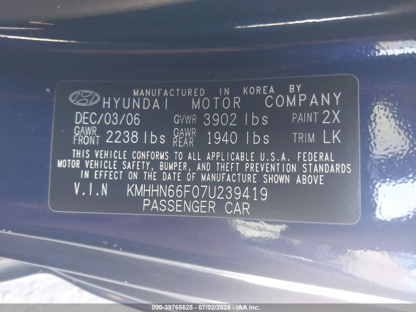 2007 Hyundai Tiburon Gt/Se/Gt Limited VIN: KMHHN66F07U239419 Lot: 39765625