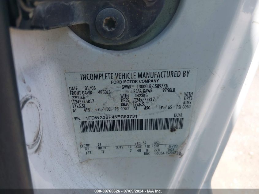 2006 Ford F350 Super Duty VIN: 1FDWX36P46EC53731 Lot: 39765626