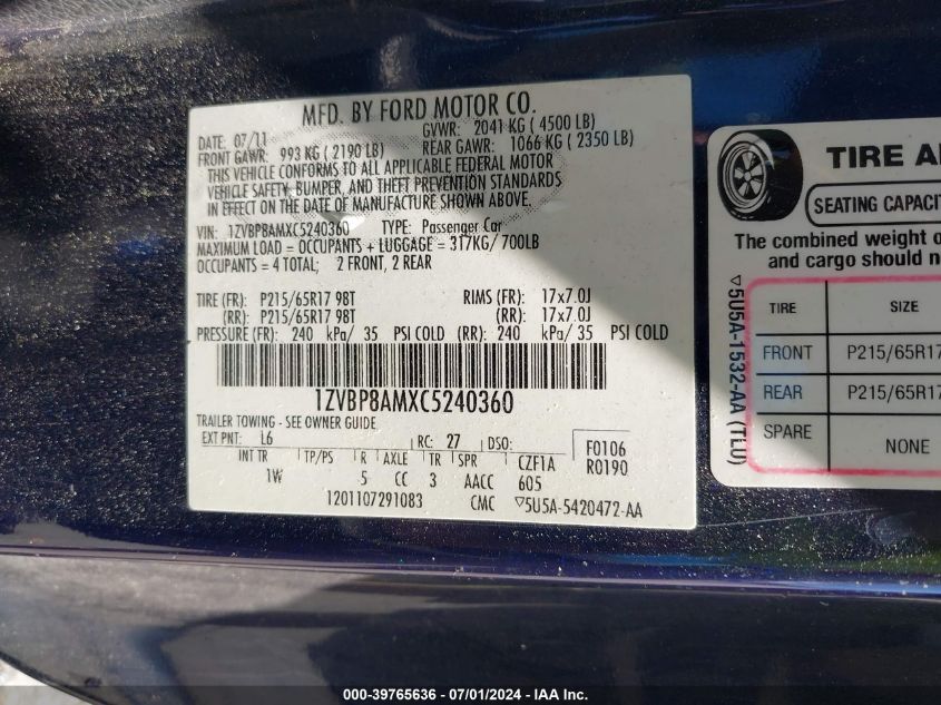 2012 Ford Mustang V6 VIN: 1ZVBP8AMXC5240360 Lot: 39765636