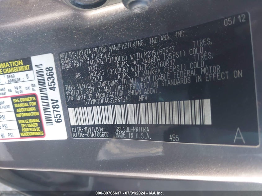 2012 Toyota Sienna Xle V6 8 Passenger VIN: 5TDYK3DC4CS258154 Lot: 39765637