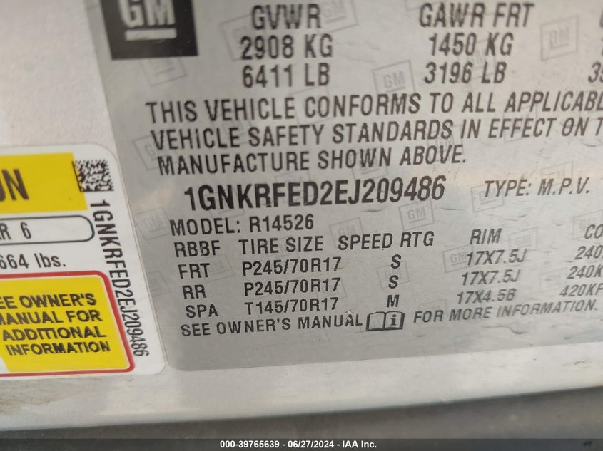 2014 Chevrolet Traverse Ls VIN: 1GNKRFED2EJ209486 Lot: 39765639