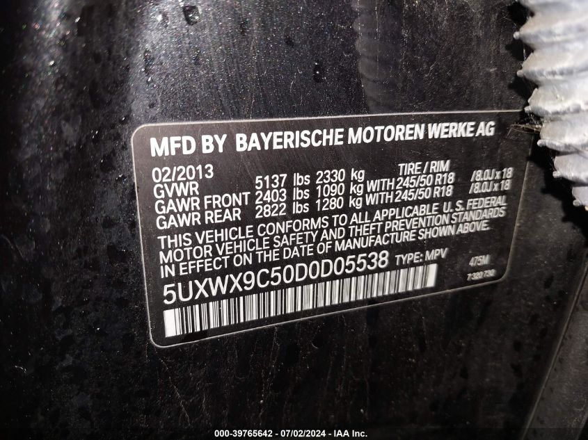 2013 BMW X3 xDrive28I VIN: 5UXWX9C50D0D05538 Lot: 39765642