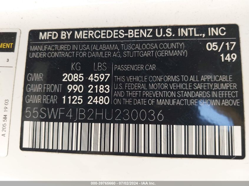 2017 Mercedes-Benz C 300 VIN: 55SWF4JB2HU230036 Lot: 39765660