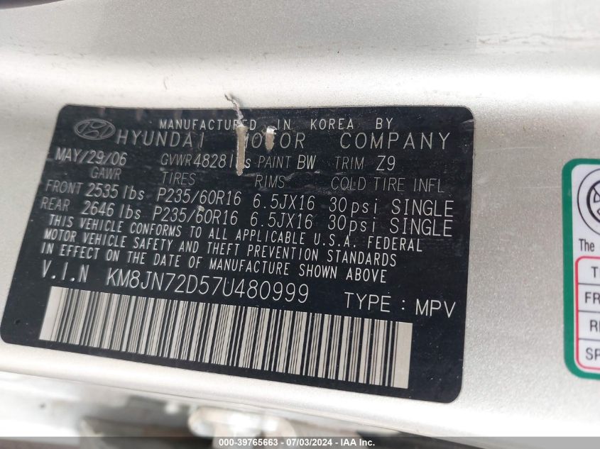 2007 Hyundai Tucson Se/Limited VIN: KM8JN72D57U480999 Lot: 39765663