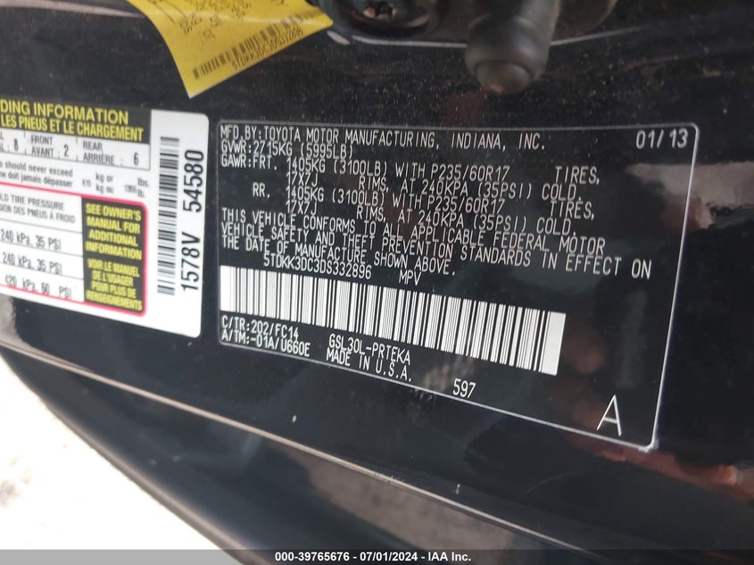 2013 Toyota Sienna Le V6 8 Passenger VIN: 5TDKK3DC3DS332896 Lot: 39765676