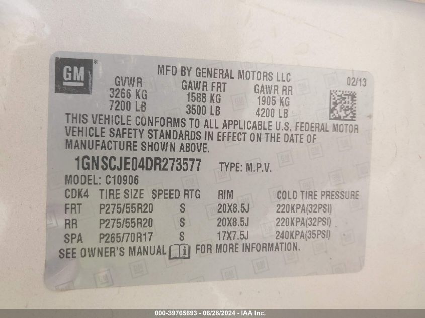 2013 Chevrolet Suburban 1500 Lt VIN: 1GNSCJE04DR273577 Lot: 39765693