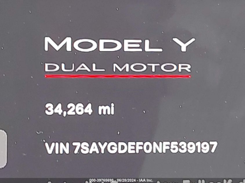 2022 Tesla Model Y Performance Dual Motor All-Wheel Drive VIN: 7SAYGDEF0NF539197 Lot: 39765698