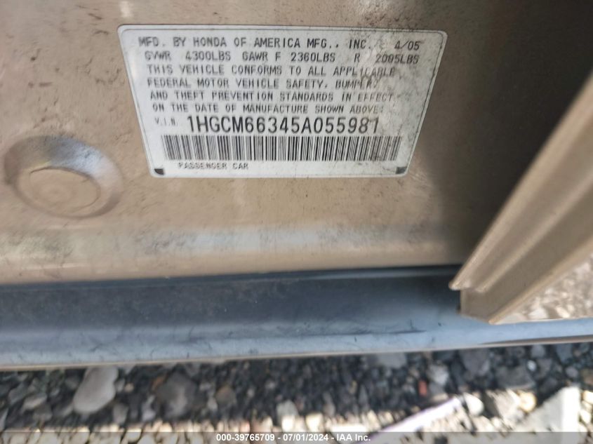 2005 Honda Accord 3.0 Lx VIN: 1HGCM66345A055981 Lot: 39765709