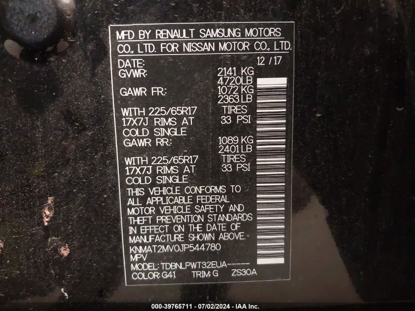 2018 Nissan Rogue S VIN: KNMAT2MV0JP544780 Lot: 39765711