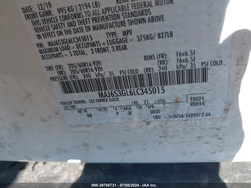 2020 Ford Ecosport Se VIN: MAJ6S3GL6LC345015 Lot: 39765731