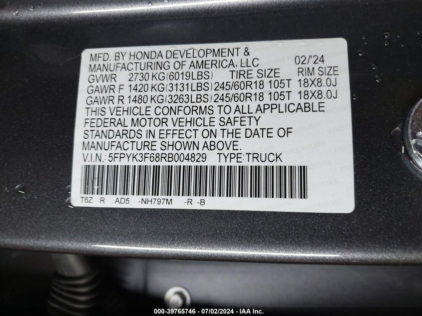 2024 Honda Ridgeline Trailsport VIN: 5FPYK3F68RB004829 Lot: 39765746