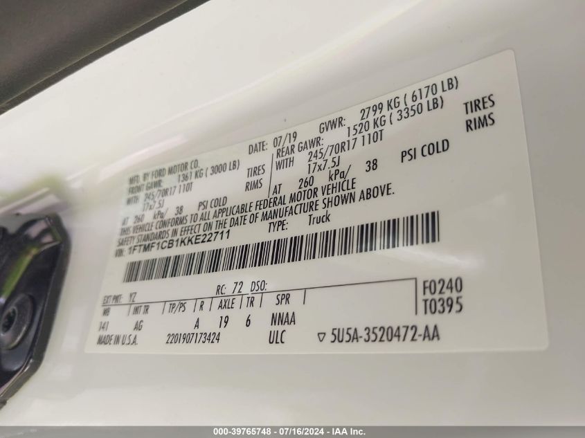 2019 Ford F150 VIN: 1FTMF1CB1KKE22711 Lot: 39765748