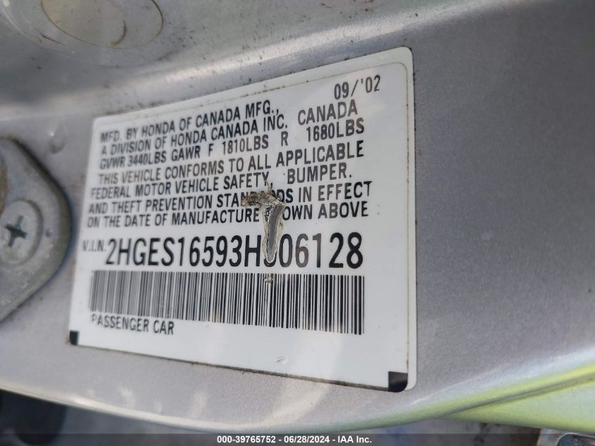 2003 Honda Civic Lx VIN: 2HGES16593H506128 Lot: 39765752