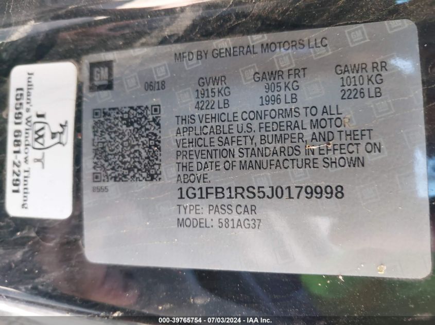 2018 Chevrolet Camaro 1Lt VIN: 1G1FB1RS5J0179998 Lot: 39765754