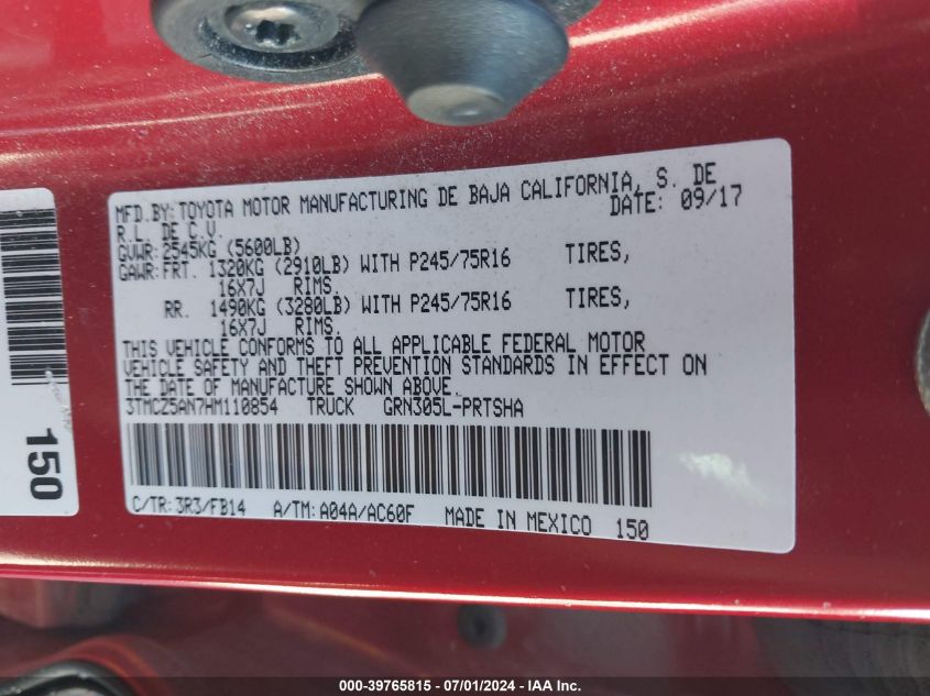 2017 Toyota Tacoma Sr V6 VIN: 3TMCZ5AN7HM110854 Lot: 39765815