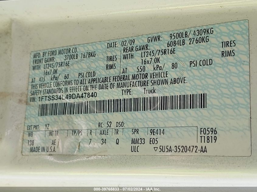 2009 Ford E-350 Super Duty Commercial/Recreational VIN: 1FTSS34L49DA47840 Lot: 39765833