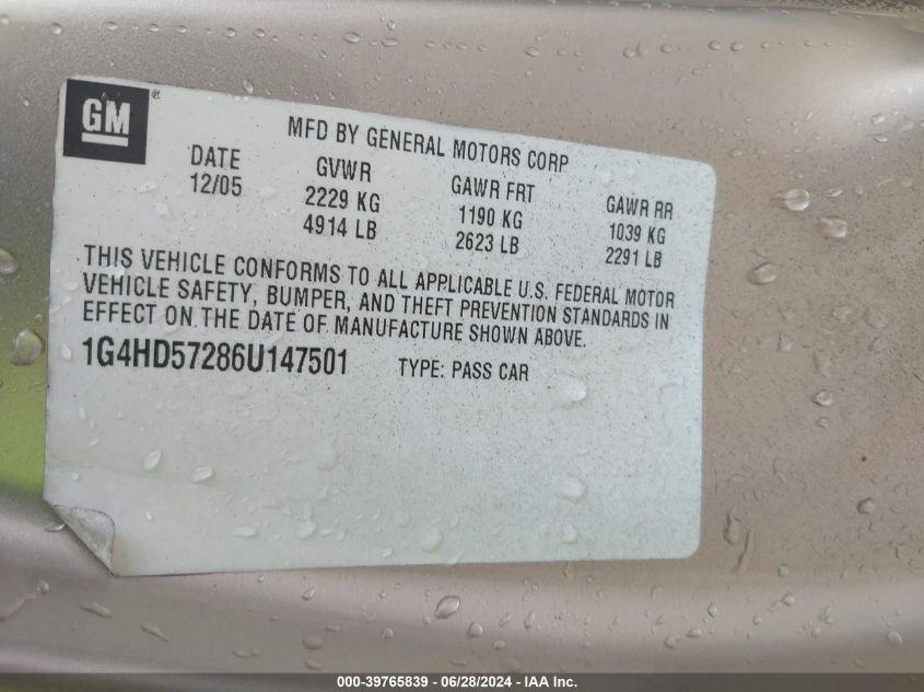 2006 Buick Lucerne Cxl VIN: 1G4HD57286U147501 Lot: 39765839