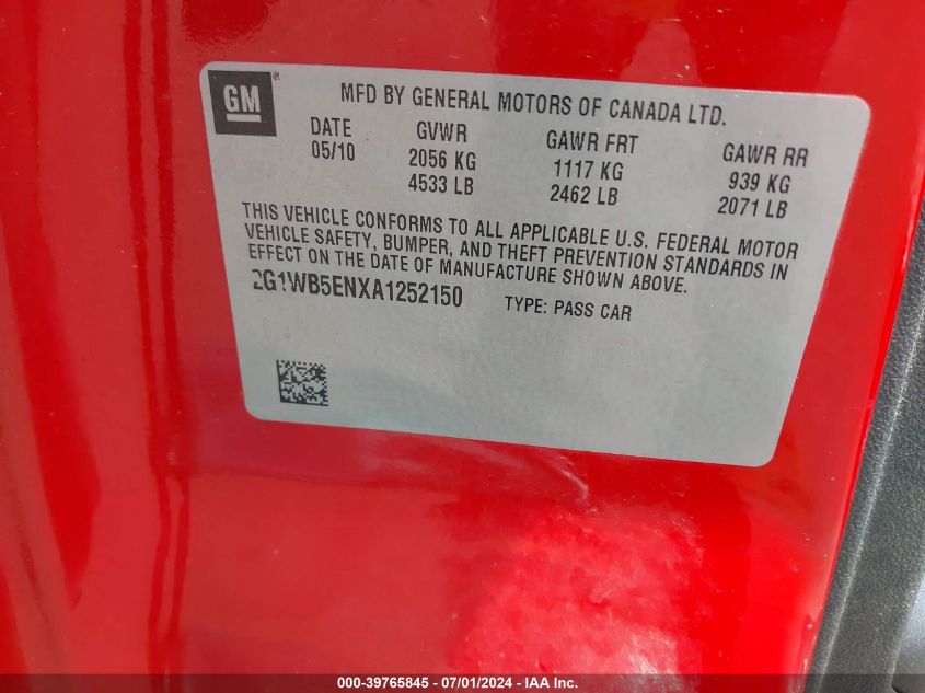 2010 Chevrolet Impala Lt VIN: 2G1WB5ENXA1252150 Lot: 39765845