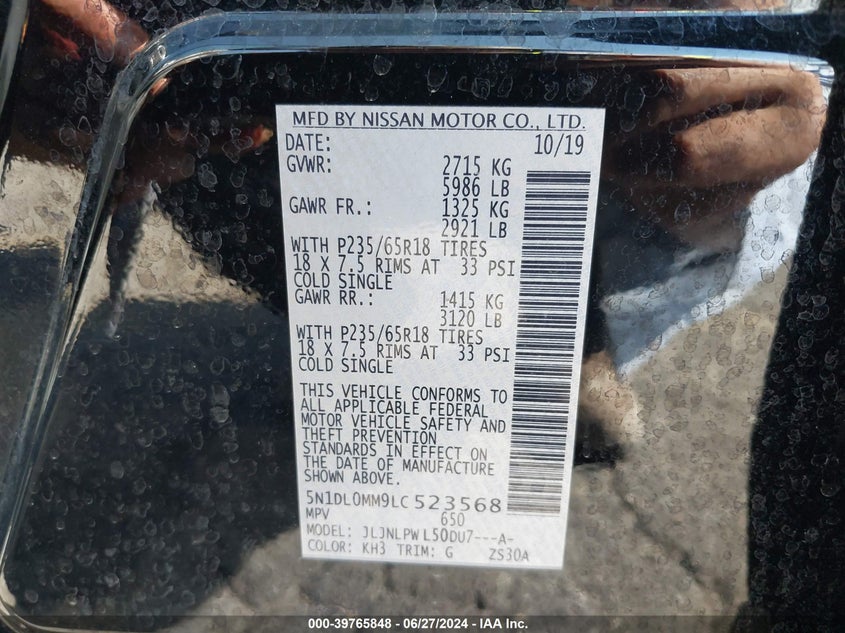 VIN 5N1DL0MM9LC523568 2020 INFINITI QX60 PURE AWD