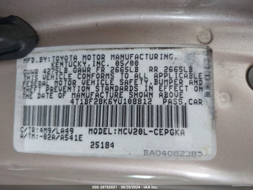 2000 Toyota Camry Xle V6 VIN: 4T1BF28K6YU108812 Lot: 39765851