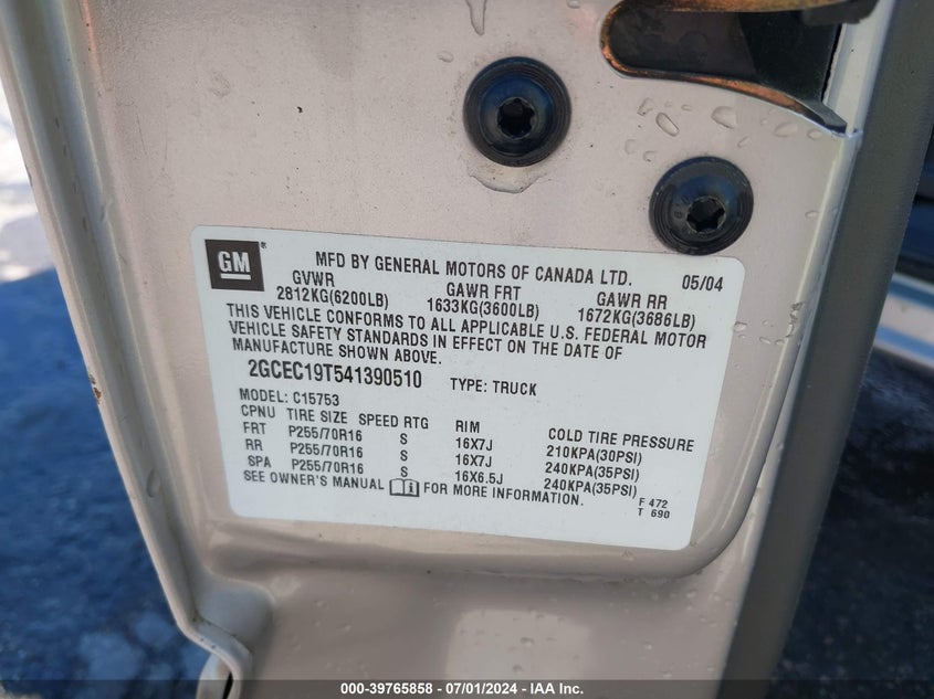 2004 Chevrolet Silverado 1500 Ls VIN: 2GCEC19T541390510 Lot: 39765858