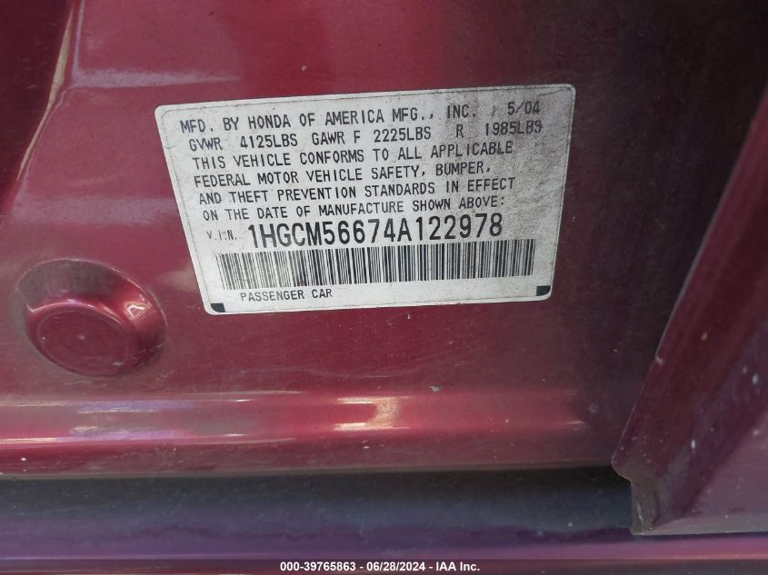 2004 Honda Accord 2.4 Ex VIN: 1HGCM56674A122978 Lot: 39765863