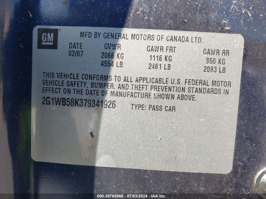 2007 Chevrolet Impala Ls VIN: 2G1WB58K379341926 Lot: 39765866