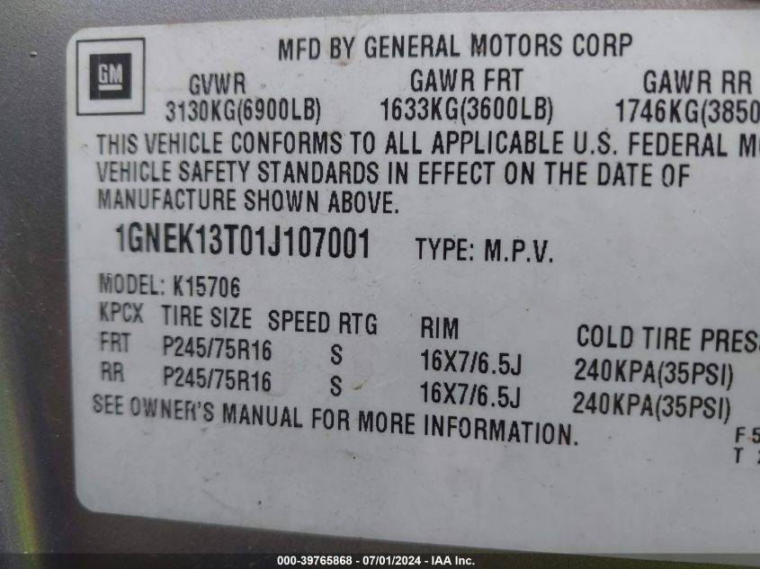 2001 Chevrolet Tahoe Lt VIN: 1GNEK13T01J107001 Lot: 39765868