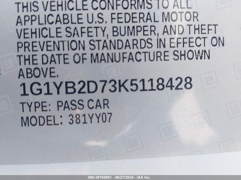 2019 Chevrolet Corvette Stingray VIN: 1G1YB2D73K5118428 Lot: 39765901