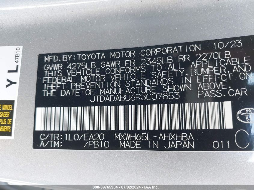 2024 Toyota Prius Limited Awd-E VIN: JTDADABU6R3007853 Lot: 39765904