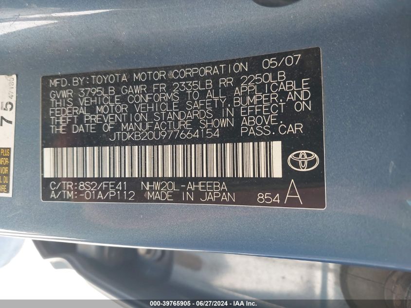 2007 Toyota Prius VIN: JTDKB20U977664154 Lot: 39765905