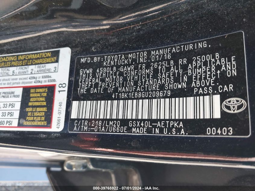 2016 Toyota Avalon Limited VIN: 4T1BK1EB8GU209679 Lot: 39765922