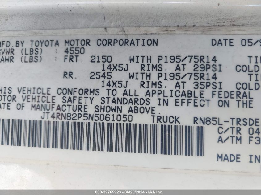 1992 Toyota Pickup 1/2 Ton Lng Wheelbase Dlx VIN: JT4RN82P5N5061050 Lot: 39765923