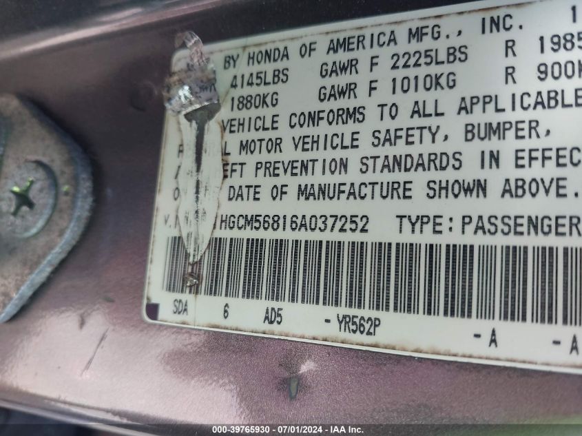 2006 Honda Accord 2.4 Ex VIN: 1HGCM56816A037252 Lot: 39765930